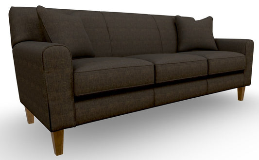 A three-seater sofa upholstered in dark brown textured fabric with tapered walnut stain wood legs.