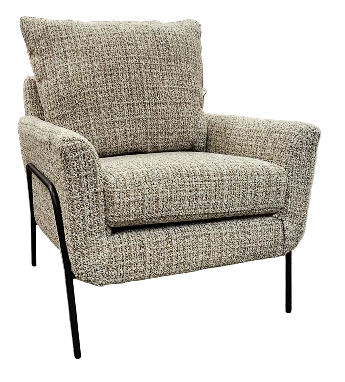 Multi-neutral tone contemporary accent chair on a black metal flared frame