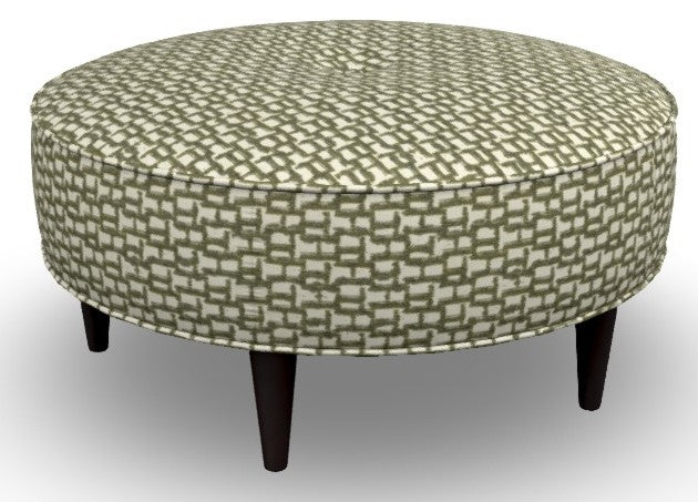 Round olive and cream geometric check upholstered ottoman supported by four espresso stain tapered legs.
