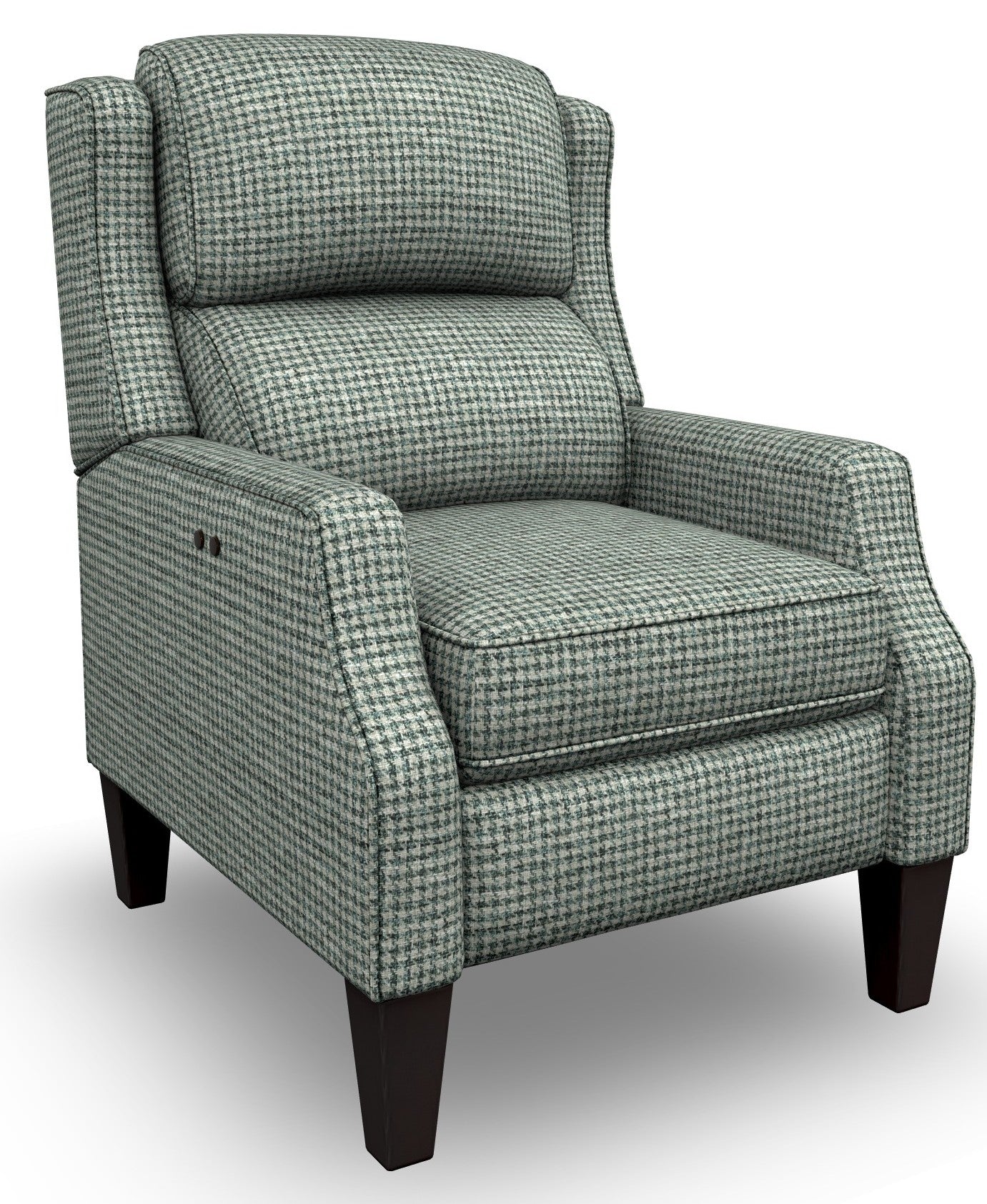 A wingback armchair upholstered in a small-scale teal and gray houndstooth pattern, atop dark brown wooden legs.