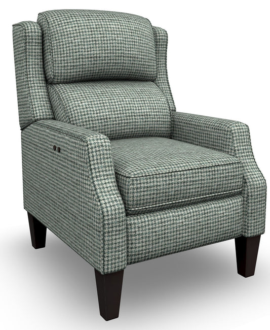 A wingback armchair upholstered in a small-scale teal and gray houndstooth pattern, atop dark brown wooden legs.
