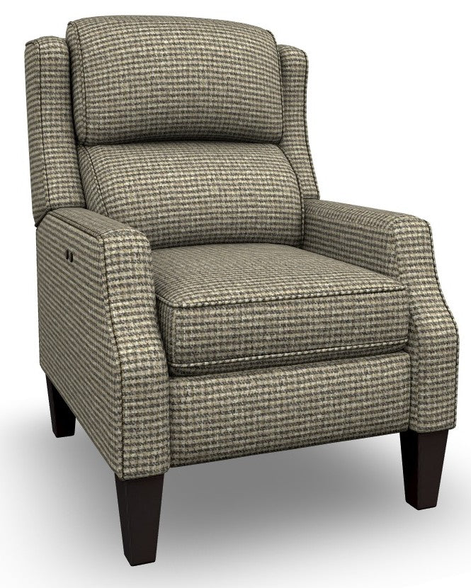 A wingback recliner upholstered in a gray, beige and gold small houndstooth check fabric, featuring espresso stain wooden legs.