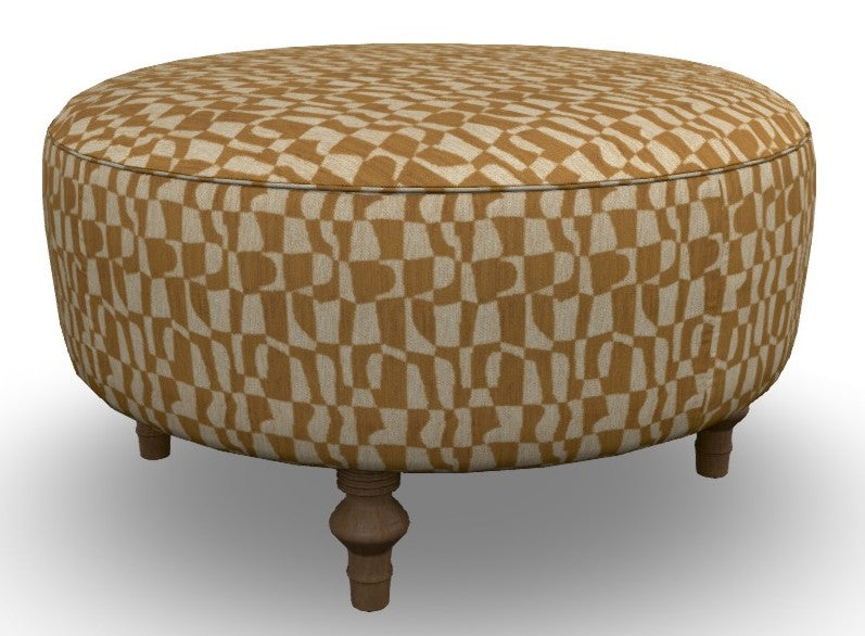Round upholstered ottoman with a gold and cream geometric pattern fabric on dark walnut stain turned wooden legs.