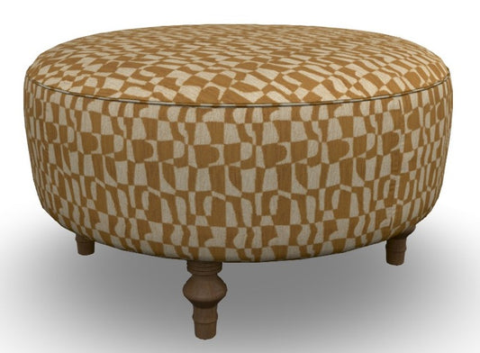 Round upholstered ottoman with a gold and cream geometric pattern fabric on dark walnut stain turned wooden legs.