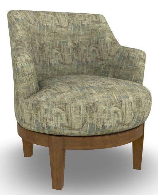 A classic barrel-style armchair with a textured, abstract-patterned upholstery in muted green, beige, and gray tones, supported by a dark walnut stain wood swivel base and four legs.