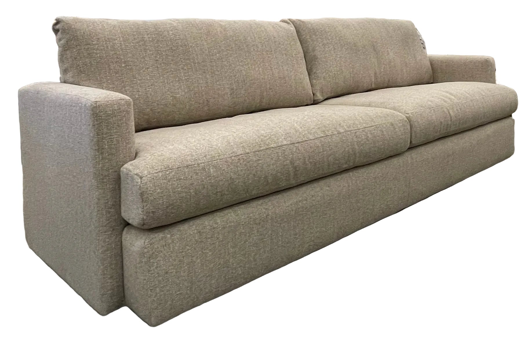 Beige tweed two cushion track arm sofa  on hidden disc feet