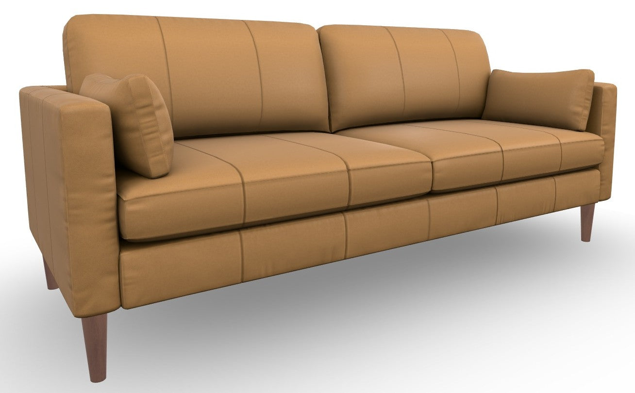 Golden tan leather two cushion track arm sofa on tapered espresso stain wood legs