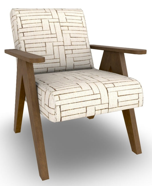 A mid-century modern accent chair featuring a cream and brown geometric basketweave patterned fabric upholstery and a dark walnut stain saw horse style wooden frame.