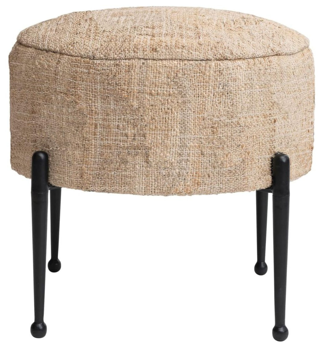 Round ottoman with textured beige cushion atop black metal legs