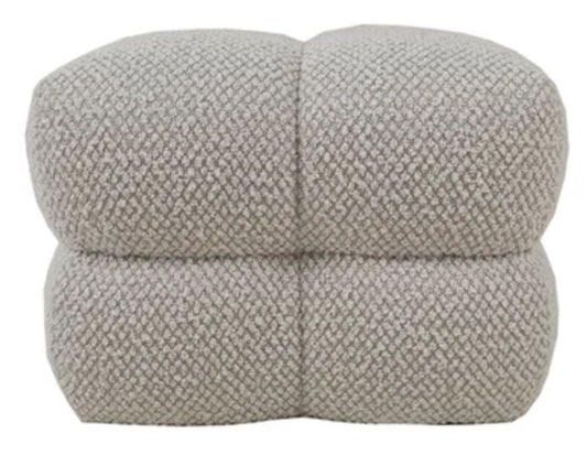 Textured soft white tufted ottoman with inset button feet