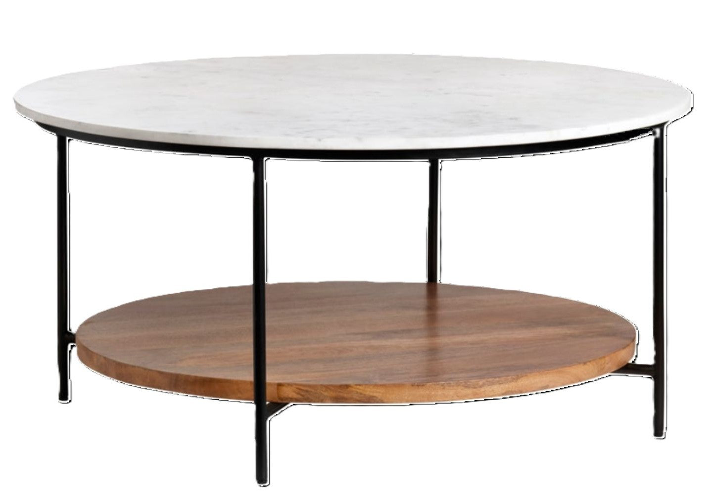 Round coffee table with white top and wooden shelf on a matte black metal frame