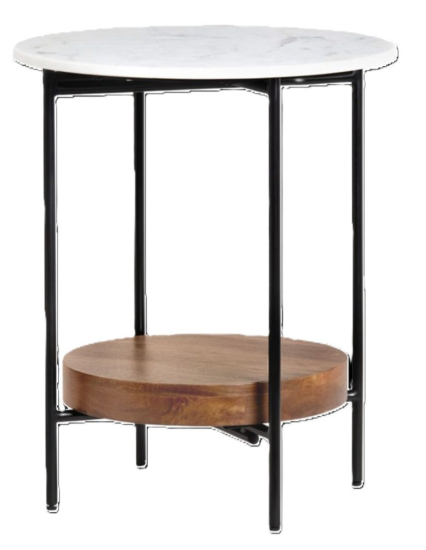 Round side table with marble top and wooden shelf on a matte black metal frame