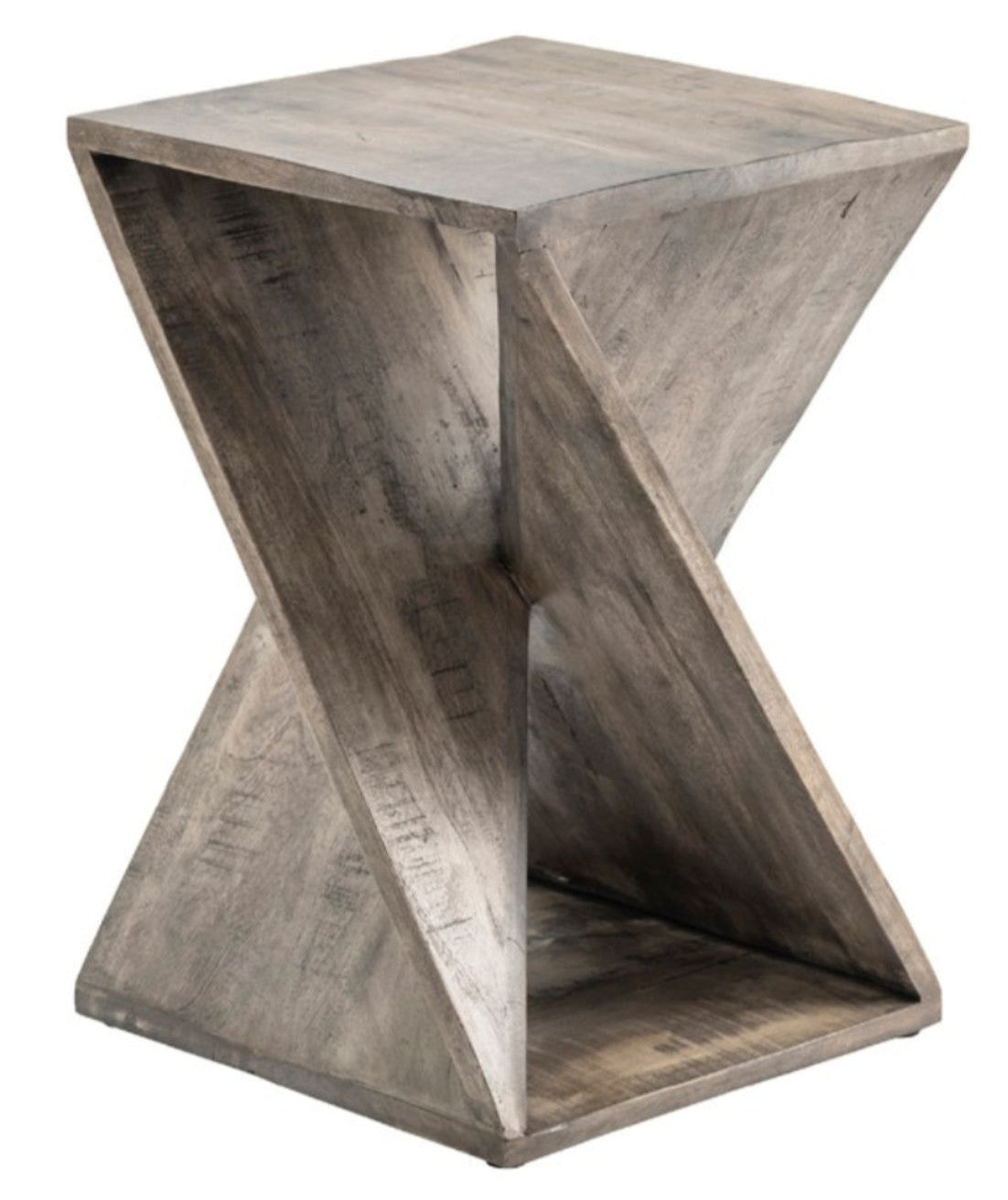 A gray stained wooden side table with a unique twist design