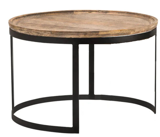 A rustic cocktail table with a black metal base and a light-brown mango wood top