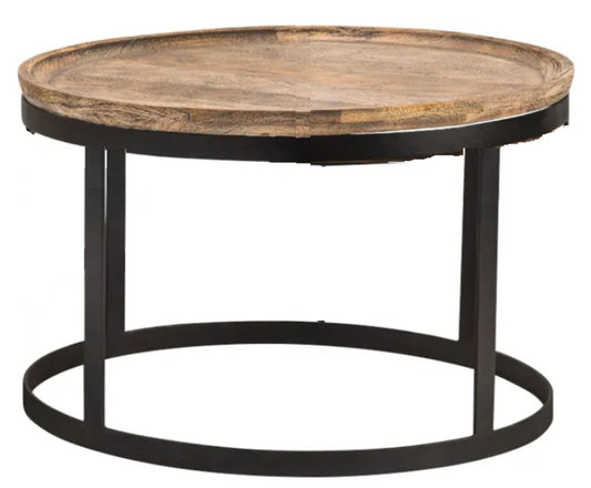 A small round cocktail table with a black metal base and a light-brown mango wood top
