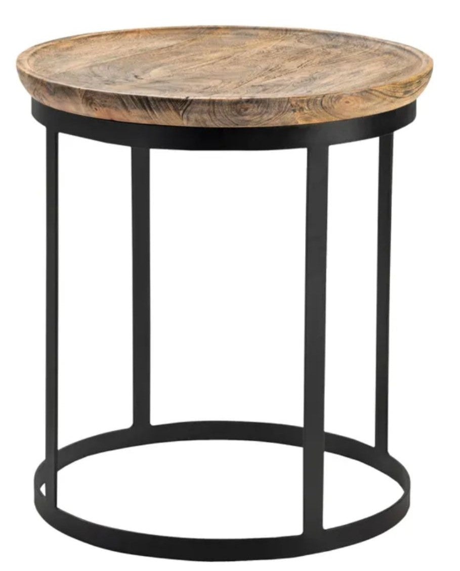 A rustic side table with a black metal base and a light-brown mango wood top