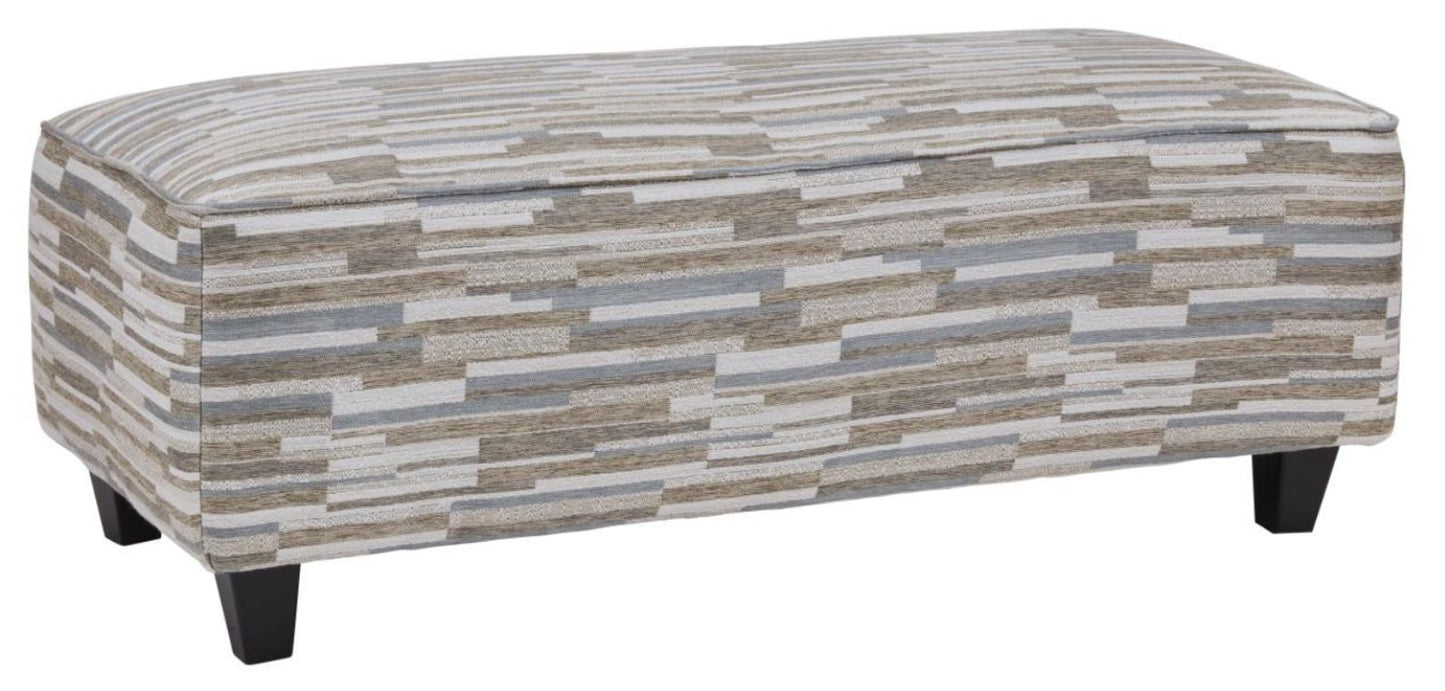 Geometric stripe patterned ottoman in neutral tones on dark brown stain short legs
