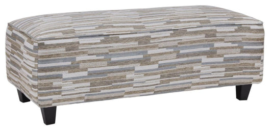 Geometric stripe patterned ottoman in neutral tones on dark brown stain short legs