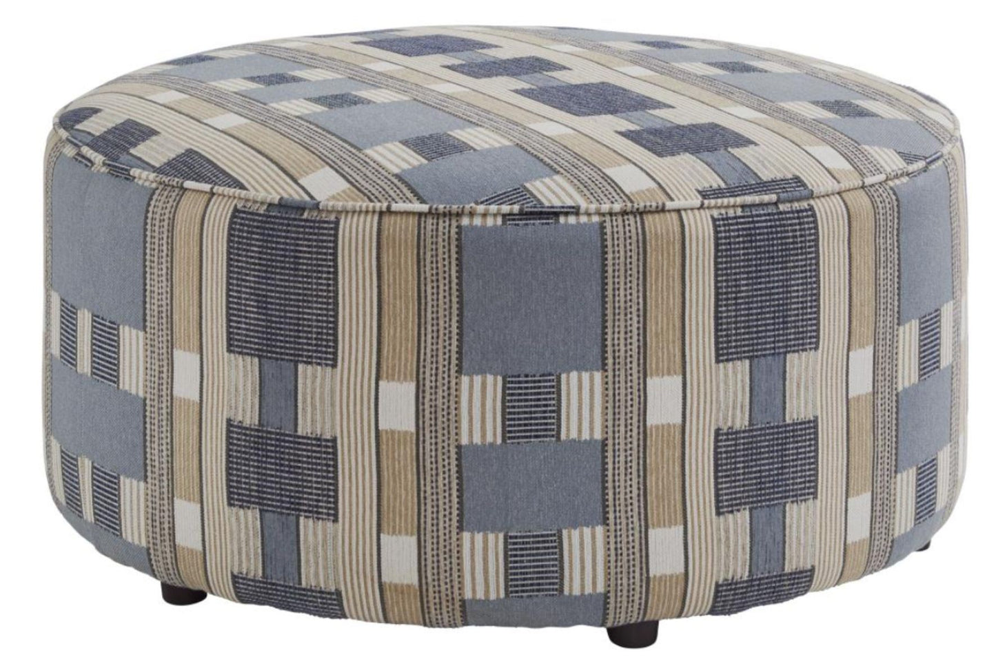 Patterned round ottoman with blue and beige geometric design semi hidden feet