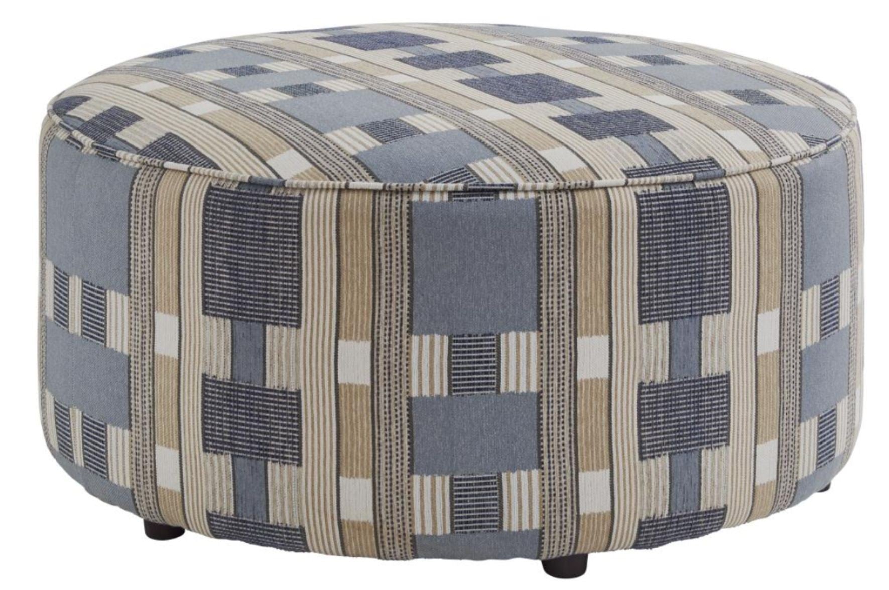 Patterned round ottoman with blue and beige geometric design semi hidden feet