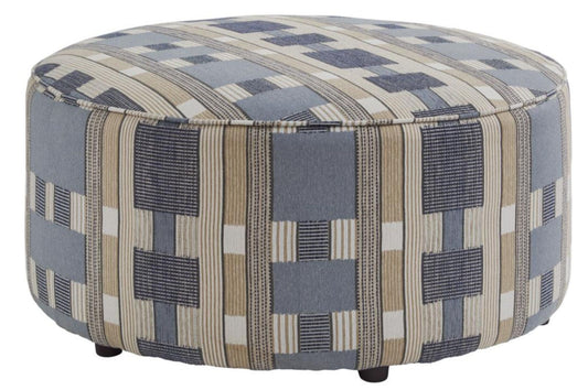 Patterned round ottoman with blue and beige geometric design semi hidden feet
