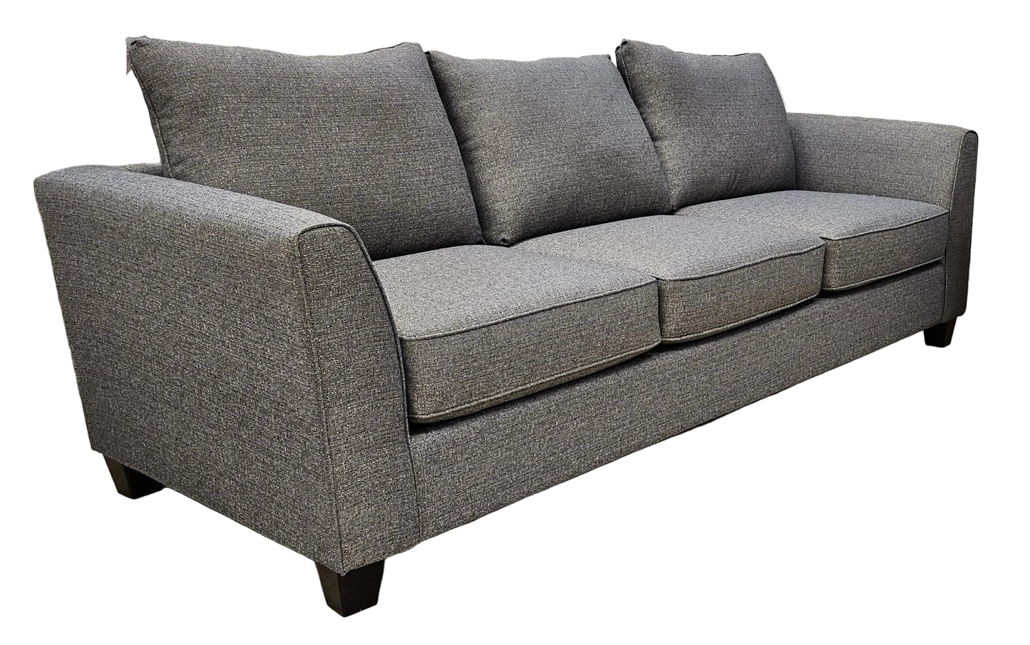 Blue gray sofa on java stain wood feed