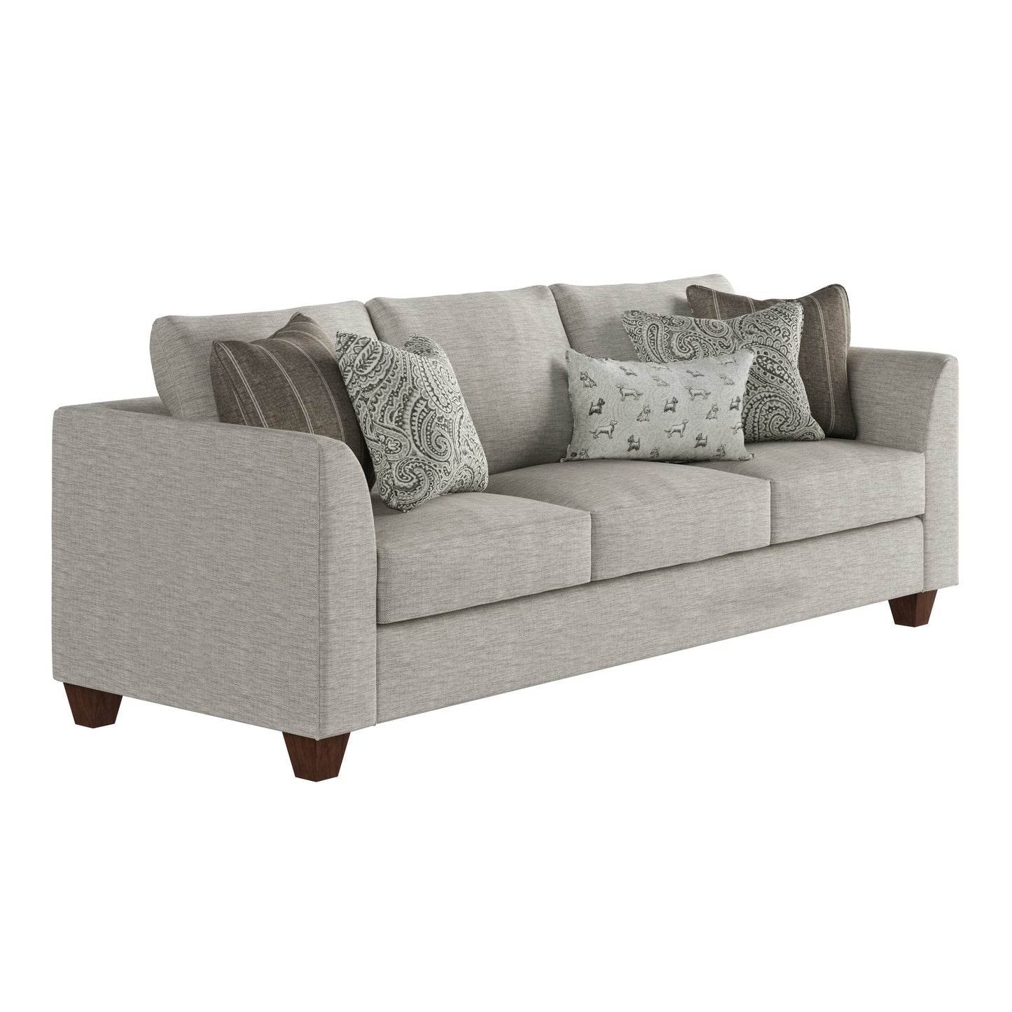 Off white sofa with flared track arms on java stain wood feet
