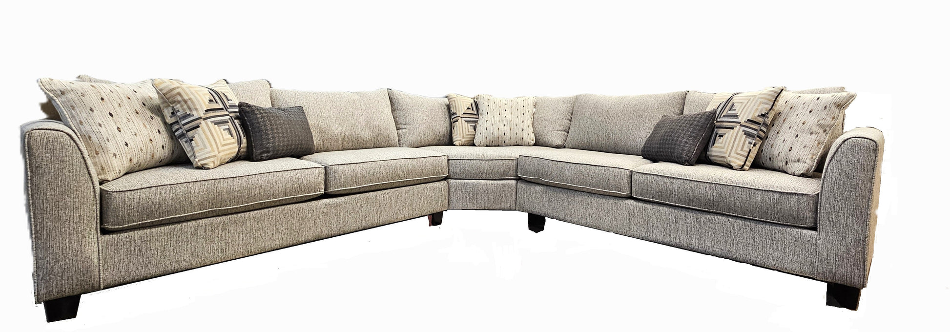 Gray and white tweed three piece sectional with flared track arms on java stain wood feet