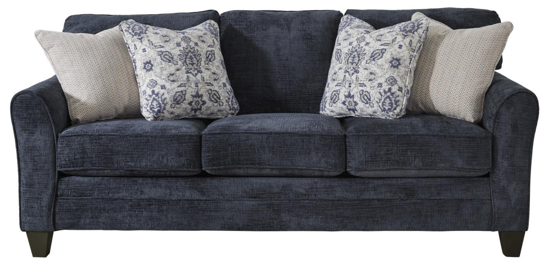 Dark navy sofa with rounded flared track arms on dark brown feet