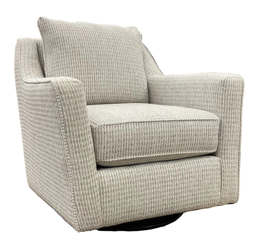 Taupe textured armchair with flared arms on a swivel glider base