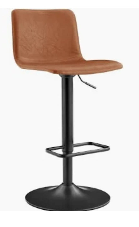 Brown bar stool with black metal base on a white background