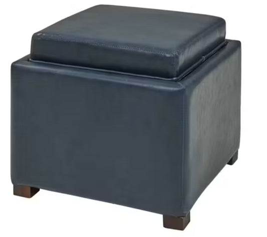 A square-shaped, vintage blue bonded leather storage ottoman with a lid that can also serve as a tray.