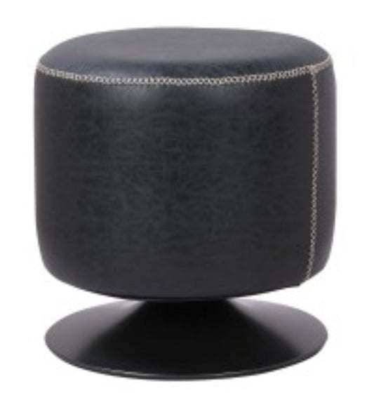 Black swivel ottoman with contrast stitching on a black metallic base