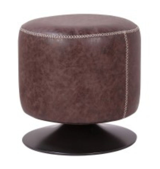 Brown round swivel ottoman on a black metallic base 