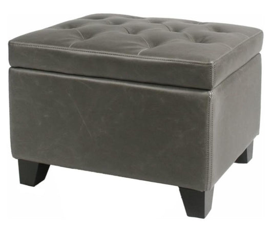Gray tufted storage ottoman atop dark brown legs