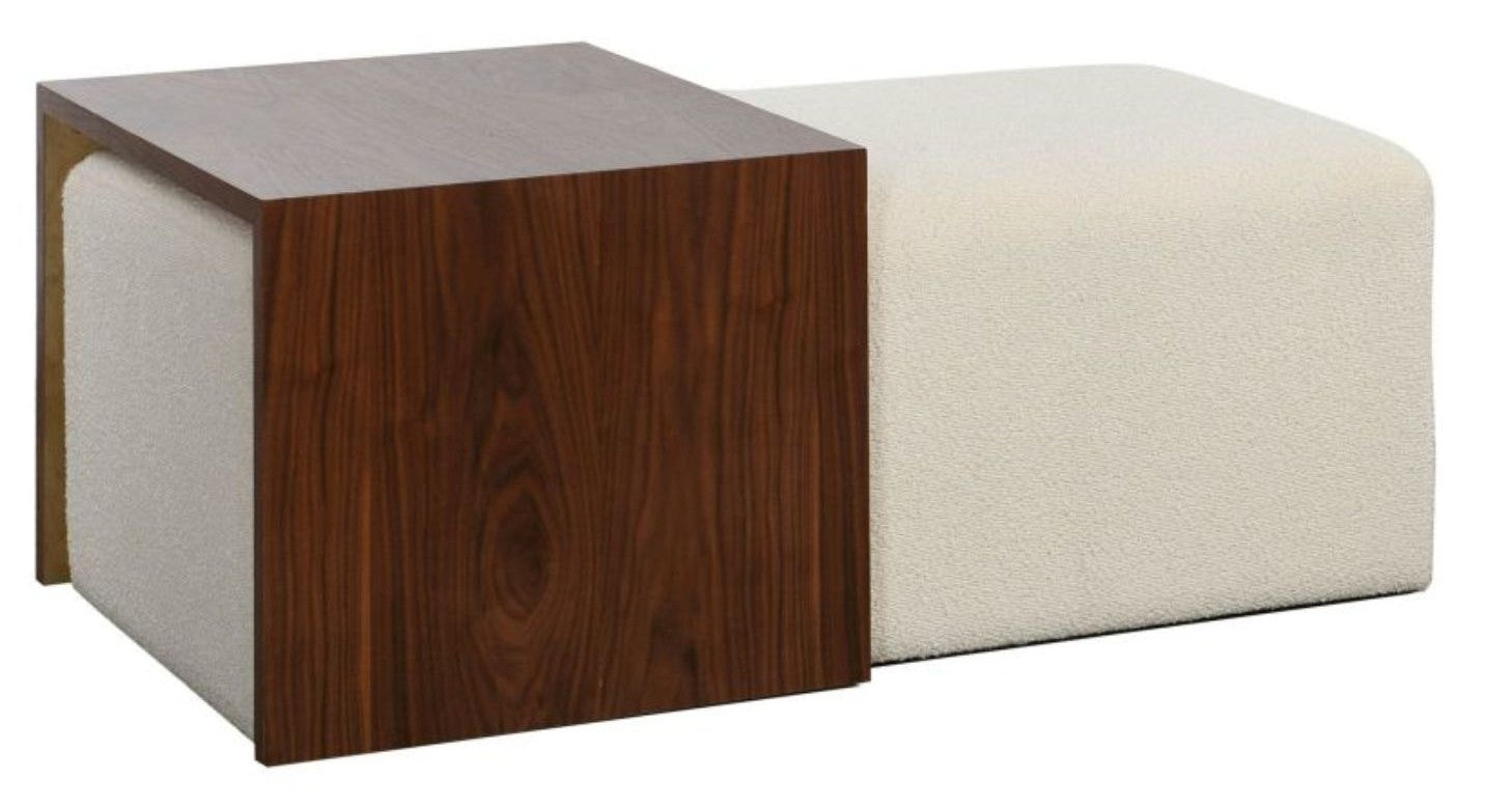 Ivory boucle ottoman with walnut tone wooden rolling table bridge