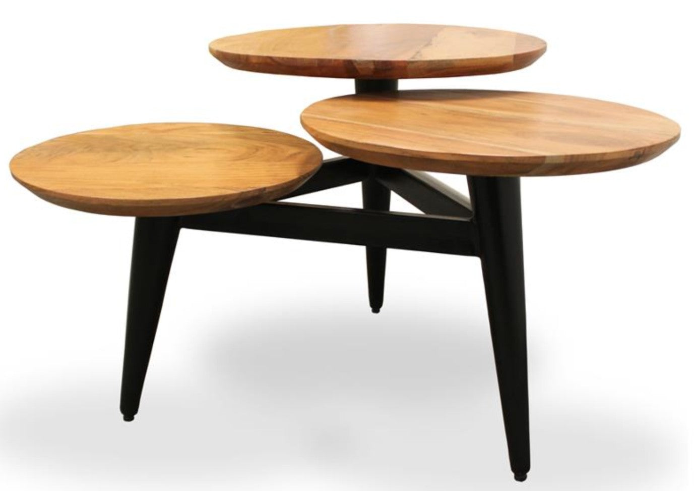 Wooden side table with three round tiers on a matte black metal base